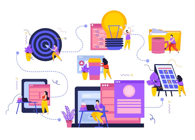 business-workspace-compositions-set-with-flowchart_1284-54203